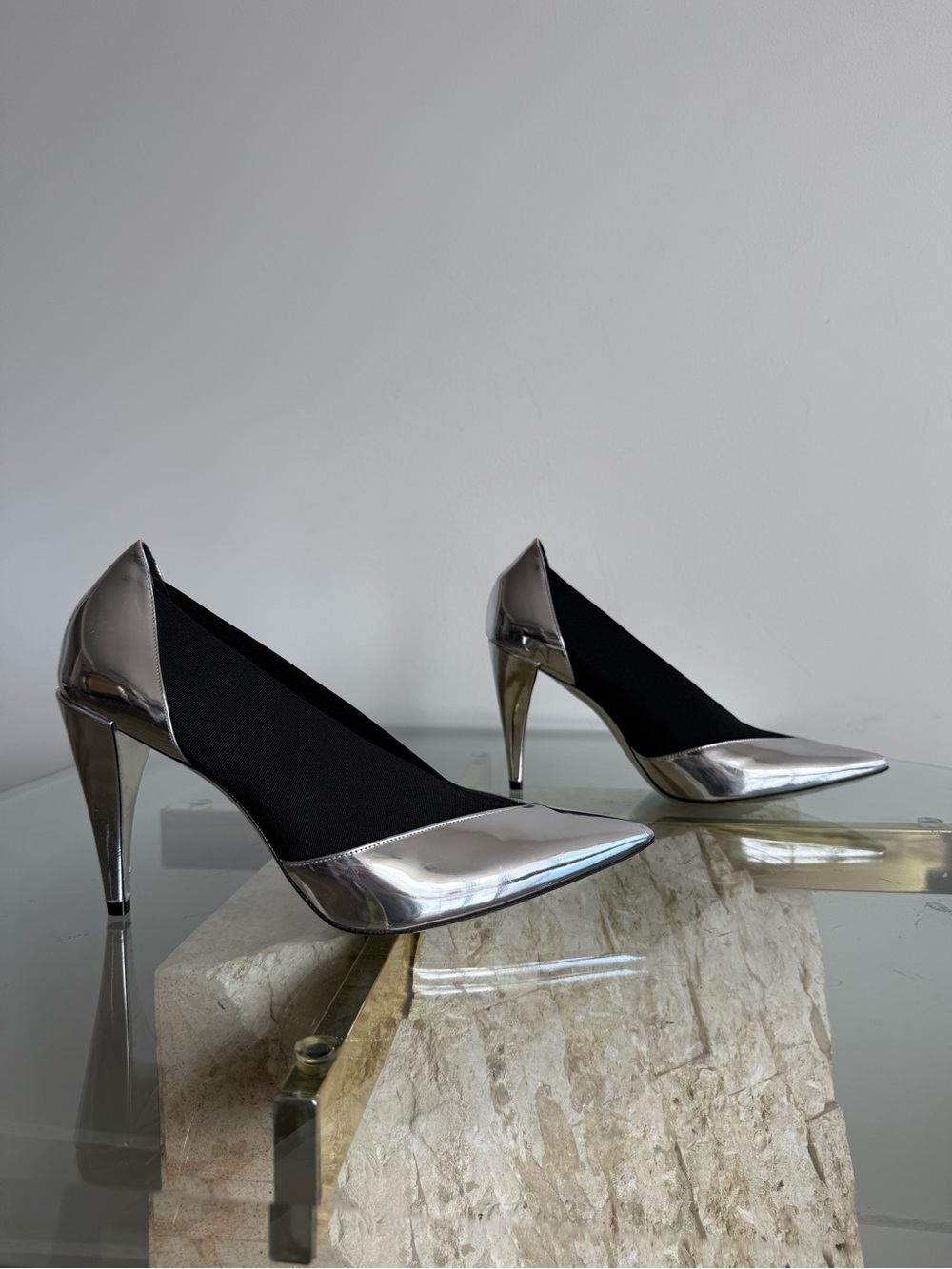 Givenchy Silver Metallic Black Pointed Toe Pumps Heels Size 38 US 7.5-8